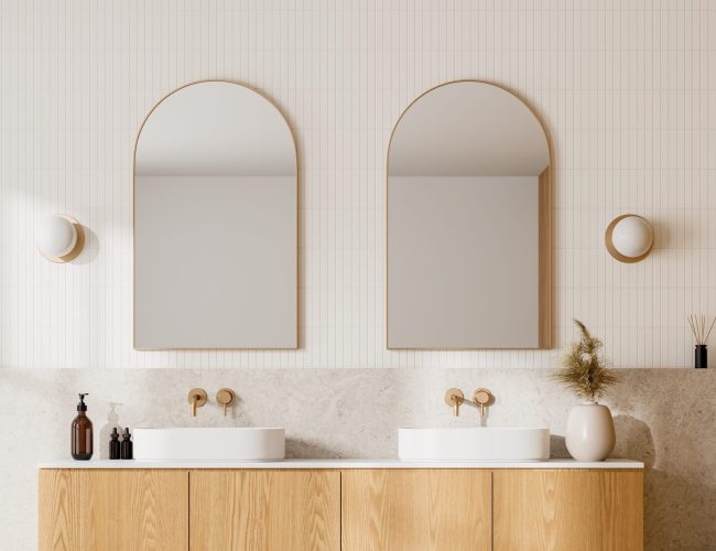 Modern,Bathroom,With,Wooden,Cabinets,,Dual,Sinks,,And,Arched,Mirrors,